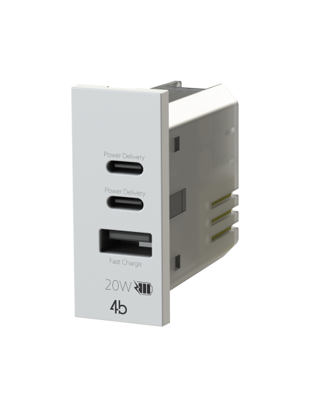 Módulo de toma USB 2.0 A y 2 USB 3.1 C, 5Vdc 3A, blanco, arena, antracita, compatible Vimar Linea - 4Box 4BUSB20WCCA.V30