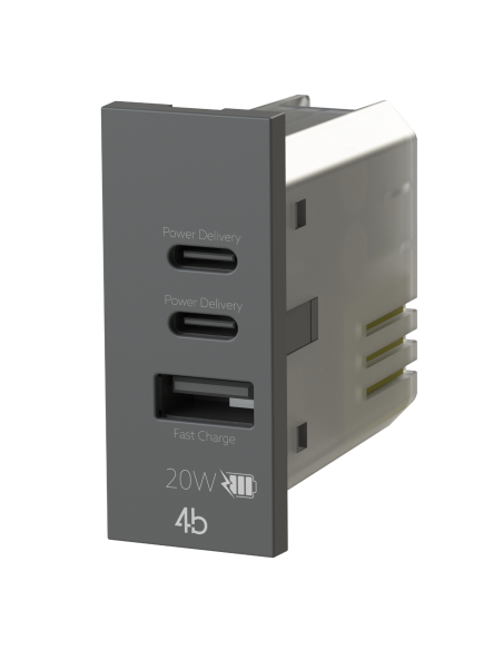 Módulo de toma USB 2.0 A y 2 USB 3.1 C, 5Vdc 3A, blanco, arena, antracita, compatible Vimar Linea - 4Box 4BUSB20WCCA.V30
