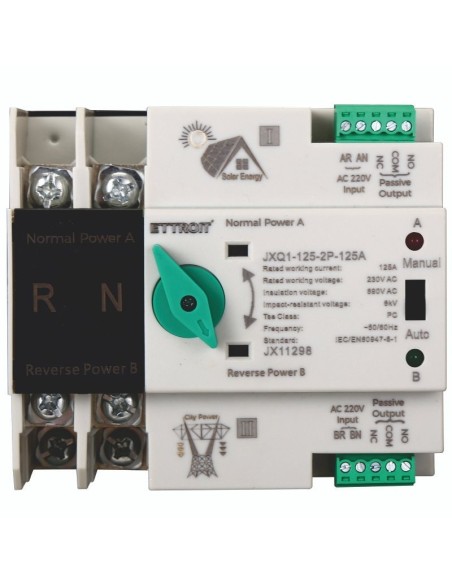 Commutateur de transfert automatique ATS pour photovoltaïque, double alimentation, 2P, 230Vac, 125A - Ettroit JX11298