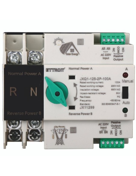 Commutateur de transfert automatique ATS pour photovoltaïque, double alimentation, 2P, 230Vac, 100A - Ettroit JX11299