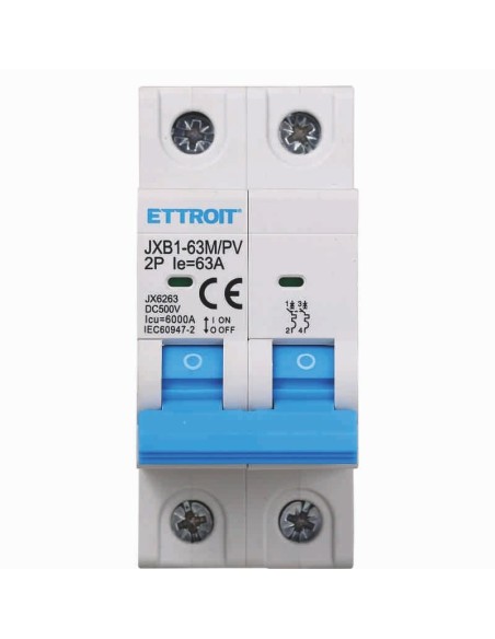 Fotovoltaïsche vermogensschakelaar, 2P, 2 modules, 500V DC, 63A, 6KA - Ettroit JX6263