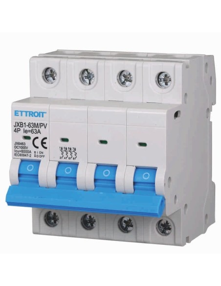 Disjoncteur photovoltaïque, 4P, 4 modules, 1000V DC, 63A, 6KA - Ettroit JX6463
