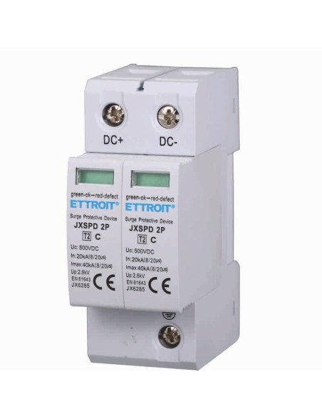 Descargador de sobretensiones fotovoltaico, SPD limitador, 2 módulos, 500V CC, Tipo T2, 20KA, 40KA - Ettroit JX6285