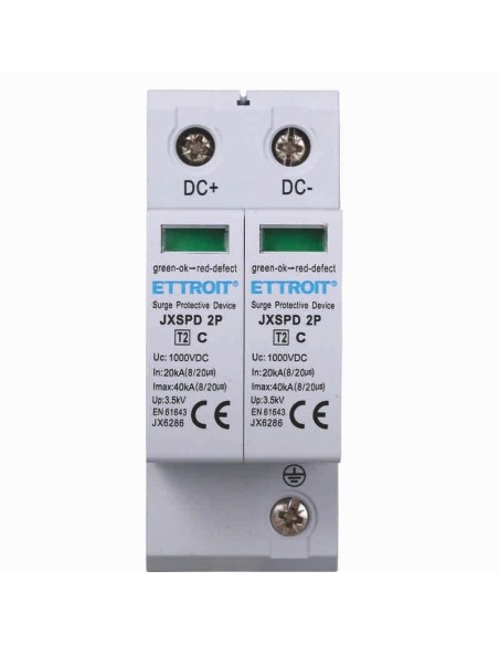 Fotovoltaïsche overspanningsbeveiliging, SPD begrenzend, 2 modules, 1000V DC, Type T2, 20KA, 40KA - Ettroit JX6286
