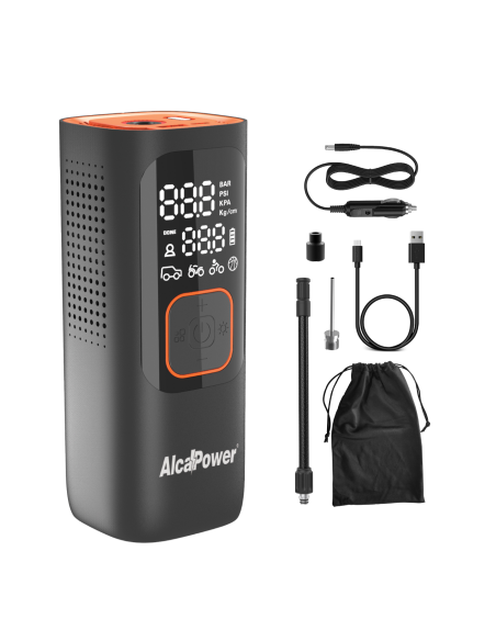 Compresseur portable 160 PSI, batterie interne 22.2Wh, avec powerbank 5V 2A et torche - Alcapower PA-2