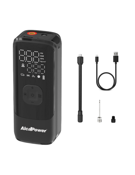 Compressore portatile 150 PSI, batteria interna 14.8Wh, con powerbank 5V 1,5A e torcia - Alcapower PA-1