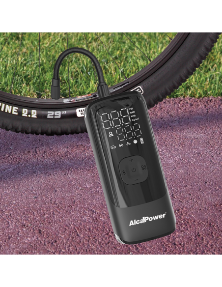 Compresseur portable 150 PSI, batterie interne 14.8Wh, avec powerbank 5V 1.5A et torche - Alcapower PA-1