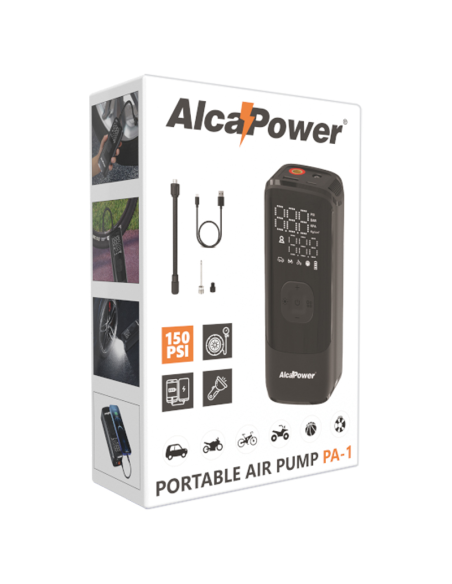 Tragbarer Kompressor 150 PSI, 14.8Wh interner Akku, mit 5V 1.5A Powerbank und Taschenlampe - Alcapower PA-1