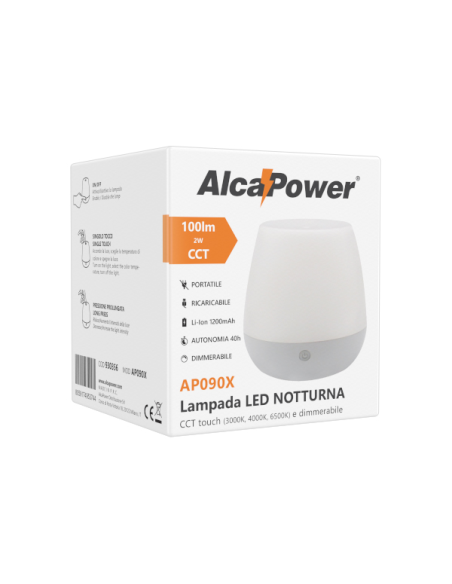 Luce notturna portatile, 2W, dimmerabile, colore selezionabile CCT 3000K/4000K/6500K, ricarica USB - Alcapower AP090X