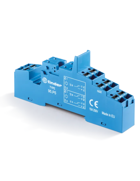 Socket 95.P5. for 2-pole relays, DIN rail mounting, metal retaining jumper, for relay series 40.51/52/61/62 - Finder 95.P5.SMA