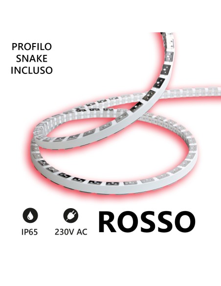 Tira LED Snake Flex 5m, IP65, 230V directa, 12W/m, Rojo - AlcaPower SF230V5M-R