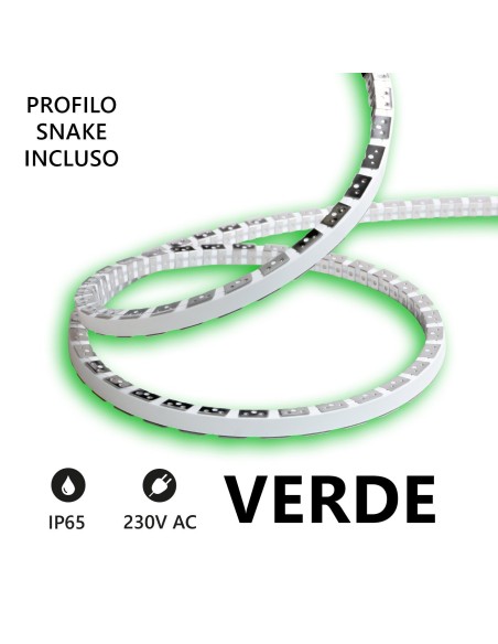 Tira LED Snake Flex 20m, IP65, 230V directa, 12W/m, Verde - AlcaPower SF230V20M-G