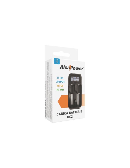 Cargador universal 2 ranuras para Ni-MH, Ni-Cd, Li-ion y LiFePO4 con pantalla LCD y entrada USB-C - Alcapower UC2