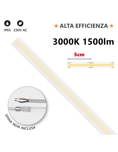 LED strip HEM IP65 milky 20 m, 3000K warm white, 230V, 15W/m, 1500lm/m - AlcaPower HEM-IP65-20M-3000K
