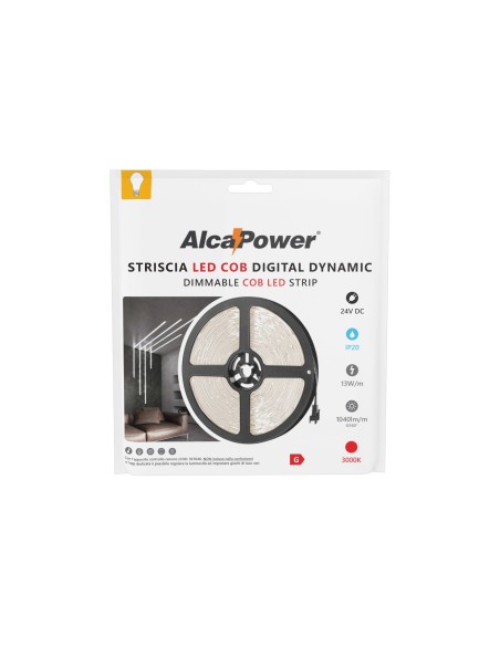 Dynamische COB LED-strip, met lichteffecten, 5 meter, IP20, 24V, 3000K warm, 13 W/m, CRI 90 - AlcaPower LSC24V-3000K-DIGITAL