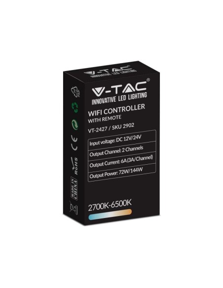 WiFi-afstandsbediening en controller voor ledstrip, 3 in 1 + RGB, 12 toetsen, compatibel spraakassistenten - V-TAC VT-2427 2902
