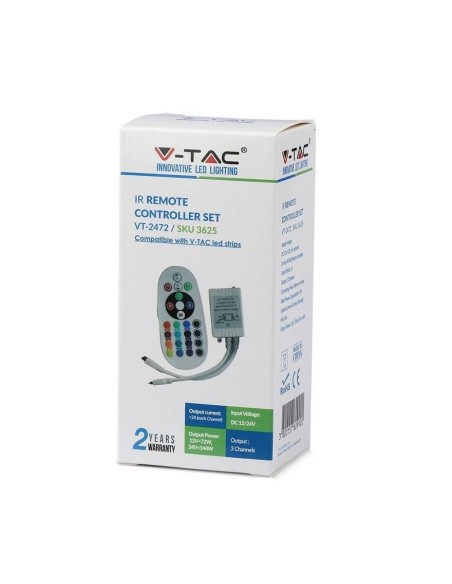 Télécommande et contrôleur infrarouge pour bandes LED, RVB, 24 touches - V-TAC VT-2472 3625