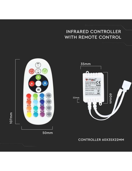 Télécommande et contrôleur infrarouge pour bandes LED, RVB, 24 touches - V-TAC VT-2472 3625