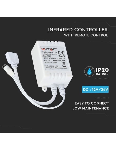 Télécommande et contrôleur infrarouge pour bandes LED, RVB, 24 touches - V-TAC VT-2472 3625