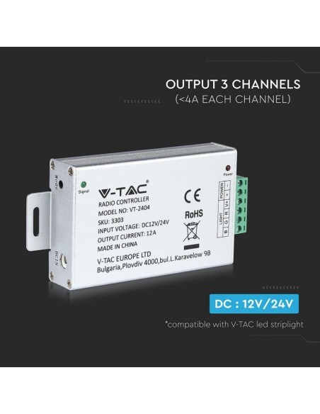 Télécommande radio et contrôleur de gradation pour bandes LED, 4 touches - V-TAC VT-4083 3303