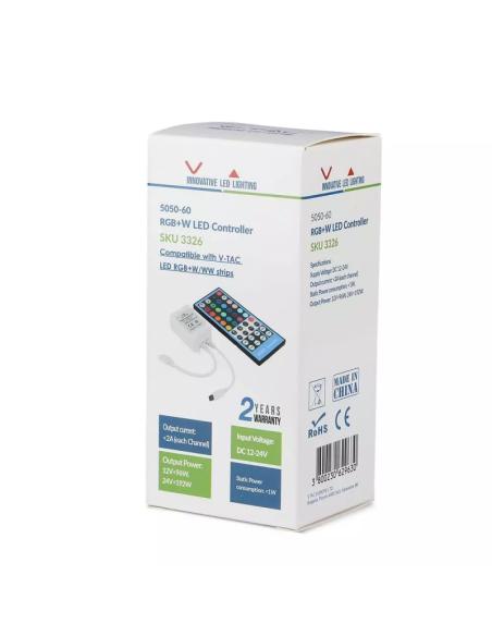 Infrared remote control and controller for LED strips, RGB + white, 40 keys - V-TAC 3326