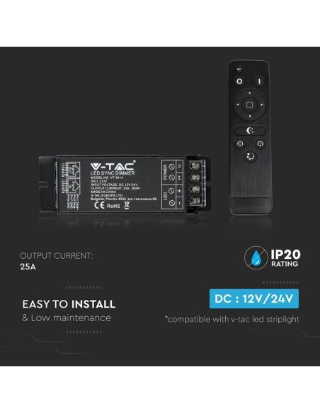 Télécommande radio et contrôleur de gradation pour barrettes de LED, avec port RJ45, 300W, noir - V-TAC VT-2414 3337