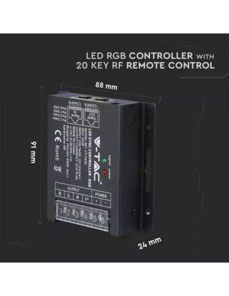 Radio remote control and dimmable controller for LED strips, with RJ45 port, 25 keys - V-TAC VT-2420 3339