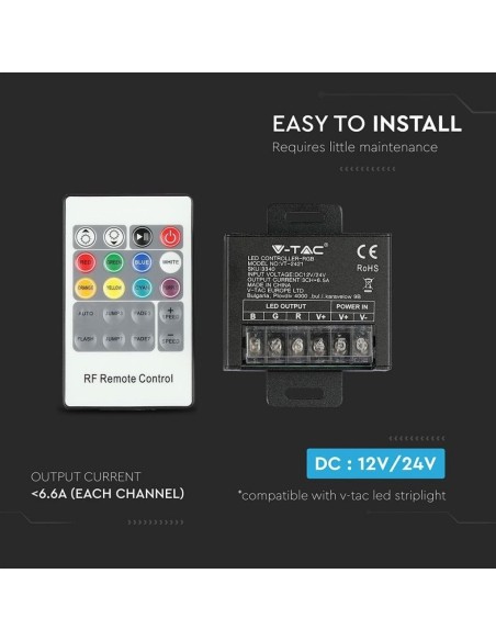 Radio remote control and dimmable controller for LED strips, with RJ45 port, 20 keys - V-TAC VT-2421 3340