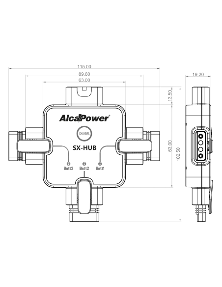 Concentrateur à 3 sorties pour les chargeurs Alcapower série SX, pour la charge simultanée de 3 batteries- Alcapower SX-HUB