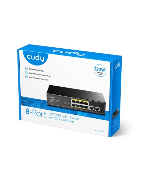 Switch 10 porte 10/100 con 8 PoE, 2 uplink, budget 120W, custodia metallo - Cudy FS1010P