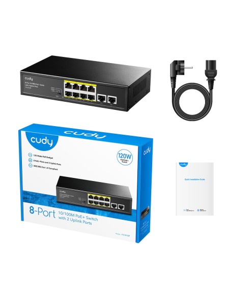 Switch 10 porte 10/100 con 8 PoE, 2 uplink, budget 120W, custodia metallo - Cudy FS1010P