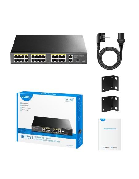 Switch 16 porte 10/100 con PoE, 2 uplink Gigabit e 1 SFP, budget 200W, rackmount - Cudy FS1018PS1
