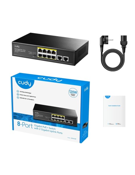 8-Port Gigabit PoE Switch, 4 PoE ports, 2 Gigabit uplink, 120W budget, compact design - Cudy GS1010P