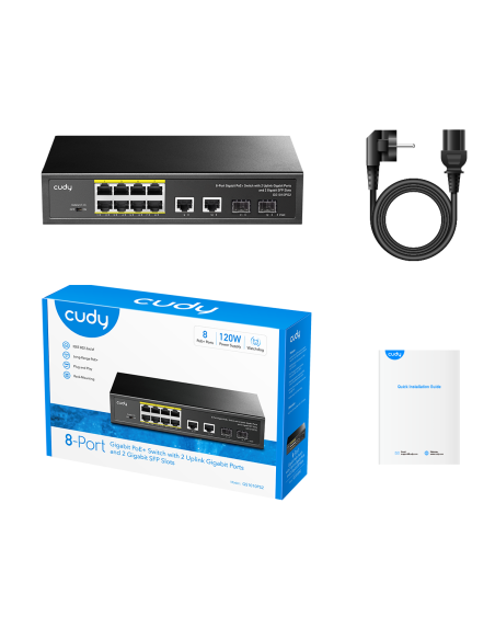 Switch 8 ports Gigabit avec 4 PoE, 2 uplink Gigabit et 2 SFP, budget 120W, rackmount - Cudy GS1010PS2