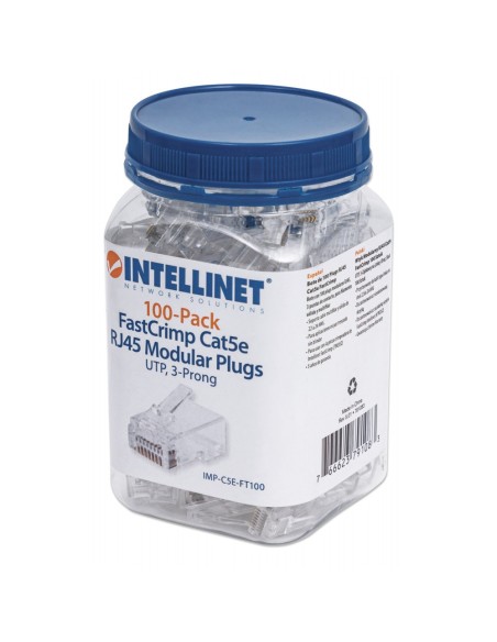 Pack of 100 pass-through RJ45 Cat5e unshielded UTP modular plugs, FastCrimp for quick installation - Intellinet 791083