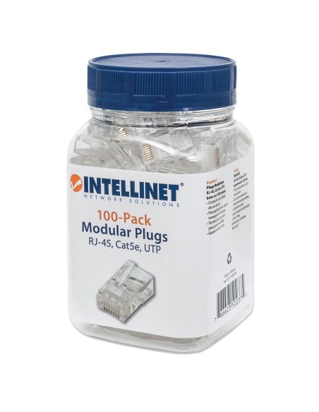 Pack of 100 modular RJ45 Cat.5e unshielded UTP plugs for stranded cable, 2-prong terminal - Intellinet 502375