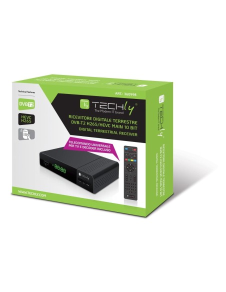 Digital terrestrial decoder receiver DVB-T/T2 H.265 HEVC 10bit with display and universal 2-in-1 remote - TECHLY 360998