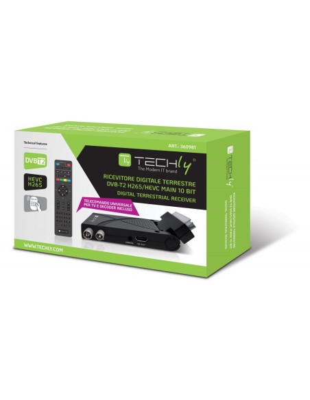 Digitaler terrestrischer Decoder-Empfänger DVB-T/T2 H.265 HEVC 10bit mit USB, HDMI, SCART, Fernbedienung - TECHLY 360981