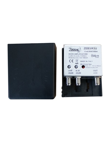 Pole-mount amplifier, 2 inputs e 1 output, VHF (Banda III) + UHF, 5G Free, gain 25-30 dB - Zodiac ZEB3R3U
