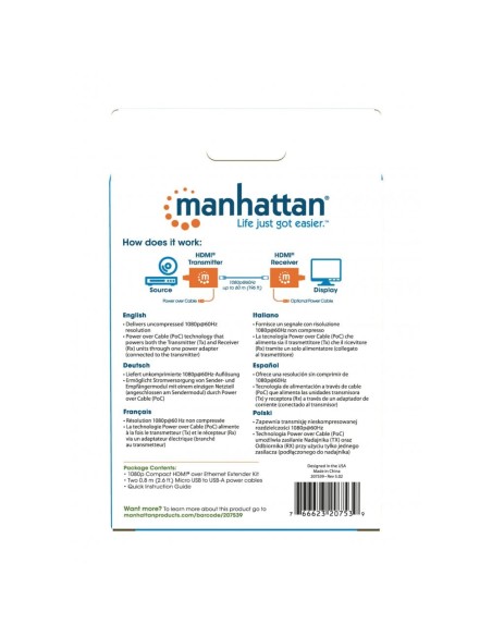 Compact HDMI Over Ethernet 1080p Extender up to 60 m, Micro-USB - Manhattan 207539