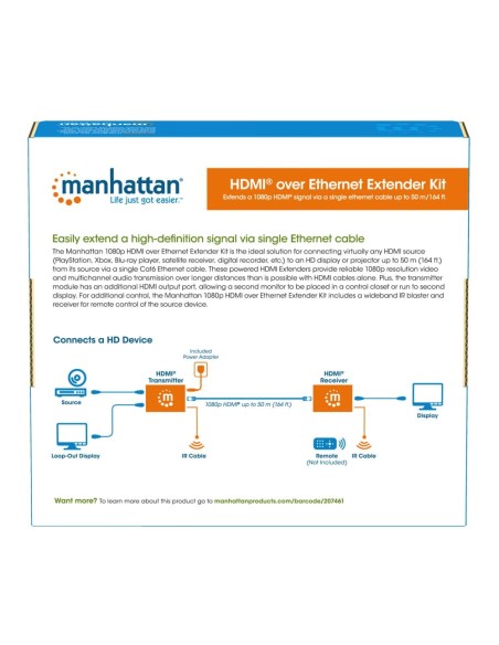 HDMI Over Ethernet 1080p Extender Kit tot 50 m, IR, 340 MHz - Manhattan 207461